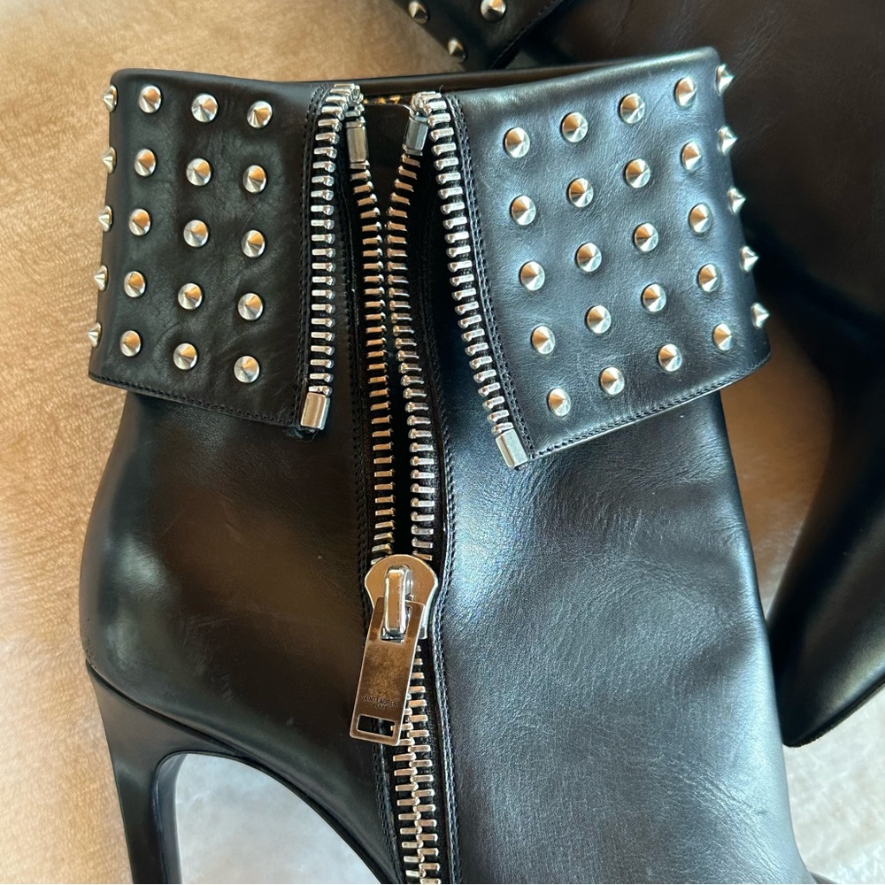 YSL Saint Laurent Black Studded Heeled Boots Size 39 European 4.75 inch Luxury - Picture 6 of 17